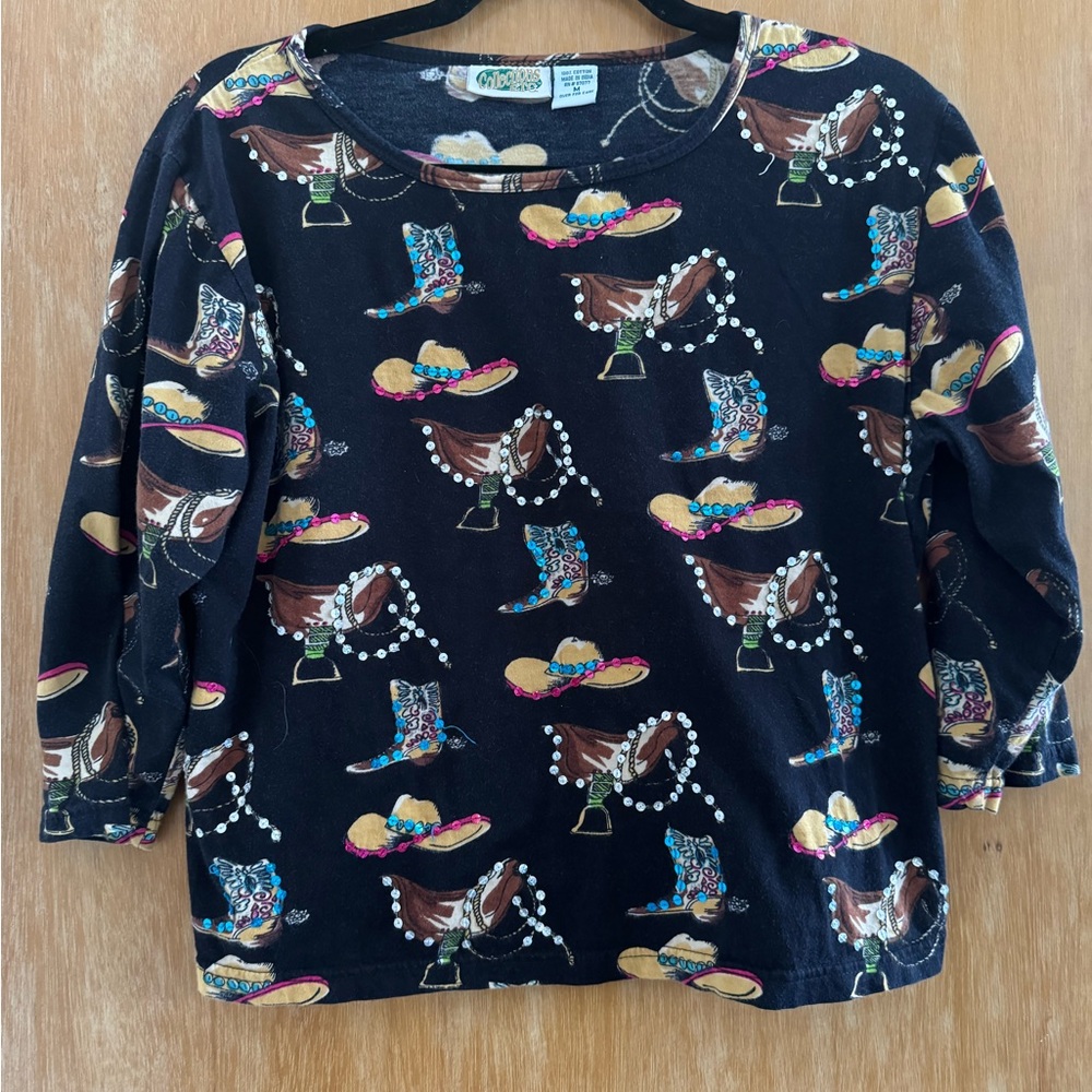 Stylish Black Western Print Long Sleeve Tee